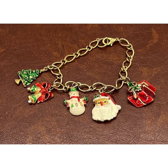 Unbranded Jewelry - Vintage Christmas Charm Bracelet With Santa Snowman Gift Box Bells Xmas Tree